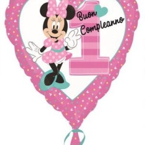 Palloncino Mylar a Cuore 45 cm Minnie 1° Buon Compleanno