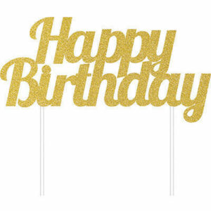 Cake Topper Happy Birthday Oro Glitter 15×17 cm