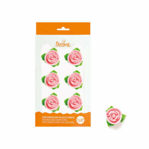 Rose in zucchero Rosa con 3 Foglie 6 pezzi *