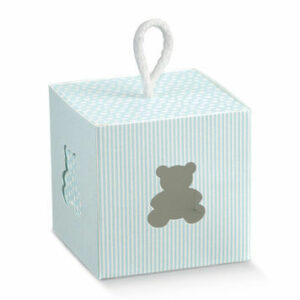 Scatola Porta confetti righe celesti con orsetto intagliato 8x8x8 cm 10 pz*