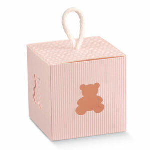 Scatola Porta confetti Righe rosa con orsetto intagliato 8x8x8 cm 10 Pz*