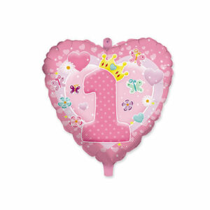 PALLONCINO MYLAR CUORE PRIMO COMPLEANNO ROSA 45 cm *